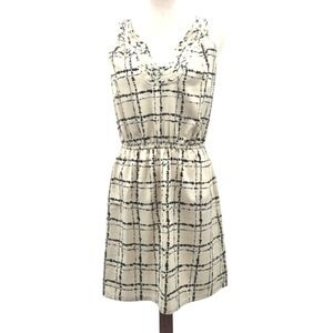 Loft Sleeveless Dress Cream &  Black‎ Plaid Print Ruffle Neck Summer Casual